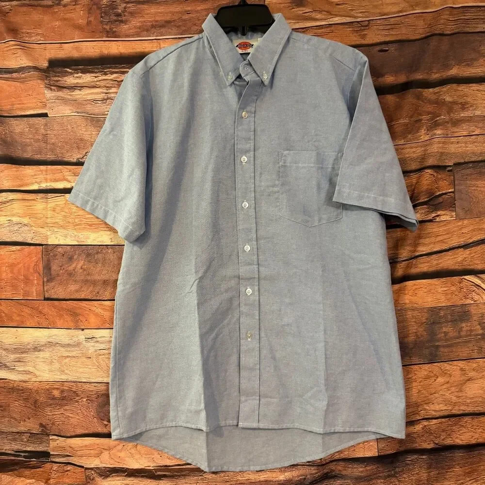 Dickies Casual Button-Down Shirt Men's Blue 16-16.5 L Cotton Blend Short Sleeve